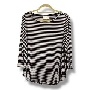 Chicos Striped Boat Neck 3/4 Sleeve Top Black White Size 3 Large XL Nautical